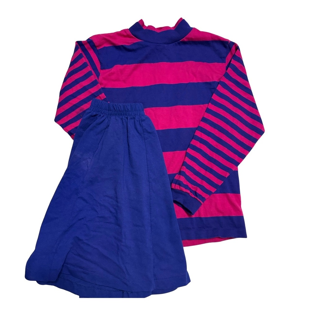 Tulip Vtg‎ 2 Piece Set M Hot Pink Blue Stripe Mock Neck Skater Skirt medium